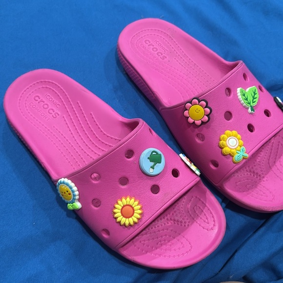 CROCS Pink and Green Sandals with Playful Charms - Picture 2 of 3